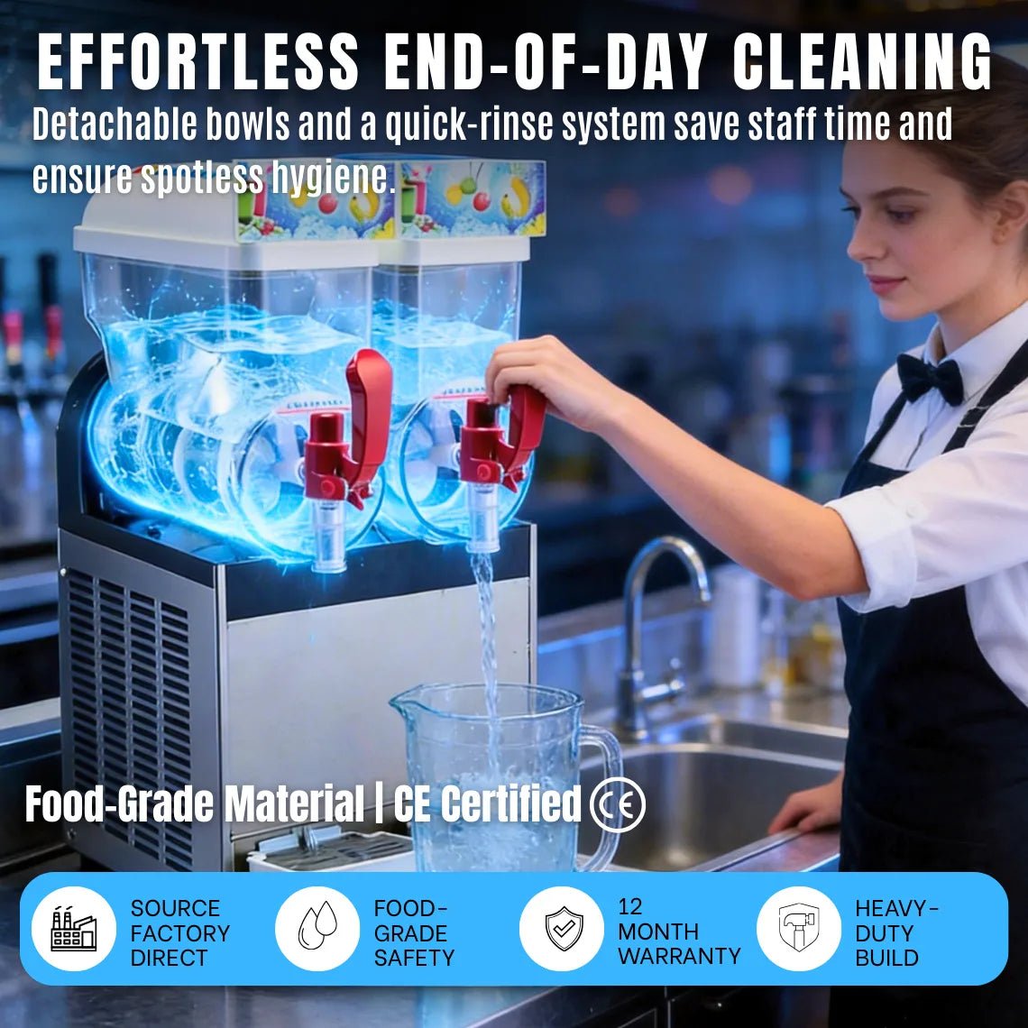 A cafe staff effortlessly cleaning the Tenshine commercial slushy machine. It features detachable food-grade bowls, a quick-rinse system, CE certification, and a 12-month warranty.