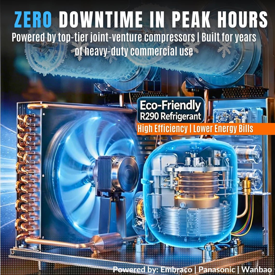 Internal 3D view of the Tenshine commercial slushy machine cooling system, featuring a heavy-duty Embraco, Panasonic, or Wanbao compressor and eco-friendly R290 refrigerant for zero downtime during peak hours.