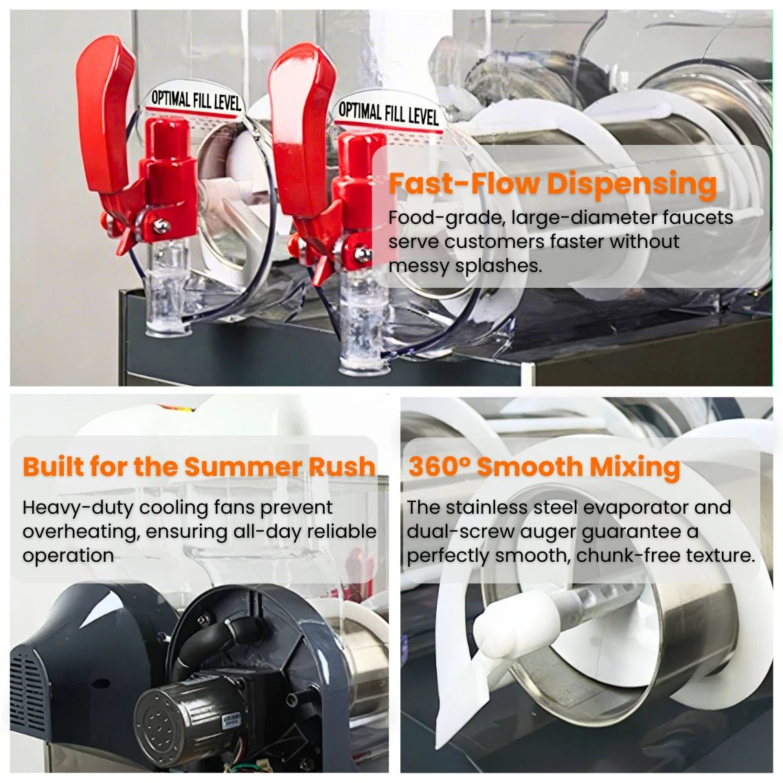 Three engineering details of the Tenshine slushy machine: food-grade fast-flow faucets, heavy-duty cooling fans for the summer rush, and a dual-screw auger for chunk-free mixing.