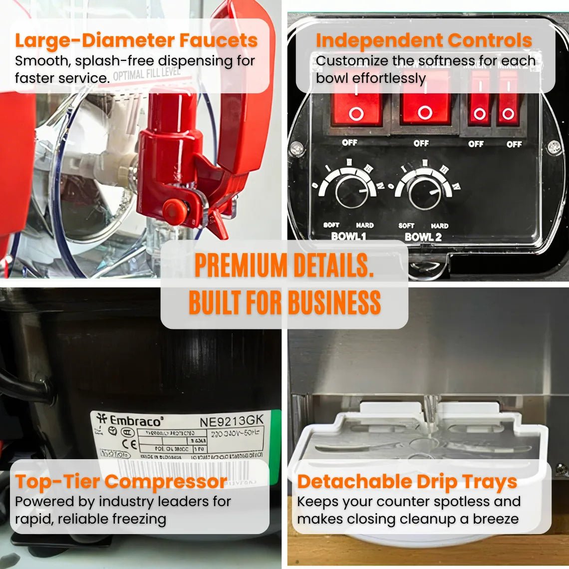 Four close-up details of the Tenshine commercial slushy machine, featuring large-diameter faucets, independent control panels, an industry-leading Embraco compressor, and easy-clean detachable drip trays.