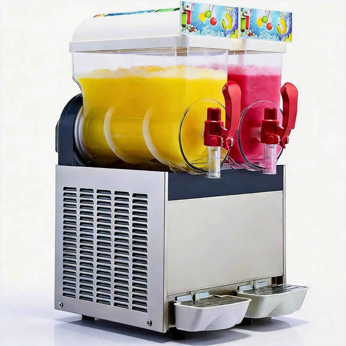 Side angle view of Tenshine TFS-15L2 commercial slushy machine, showing its dual 15L transparent tanks, stainless steel panels, and large air cooling ventilation grilles on a white background.