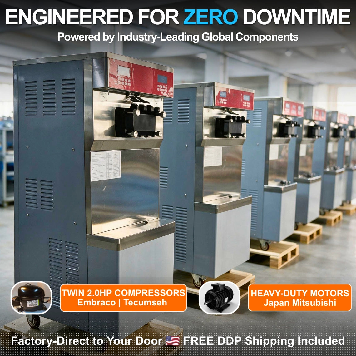 Inside the factory: A row of commercial soft serve ice cream machines powered by twin 2.0HP Embraco/Tecumseh compressors and heavy-duty Mitsubishi motors.