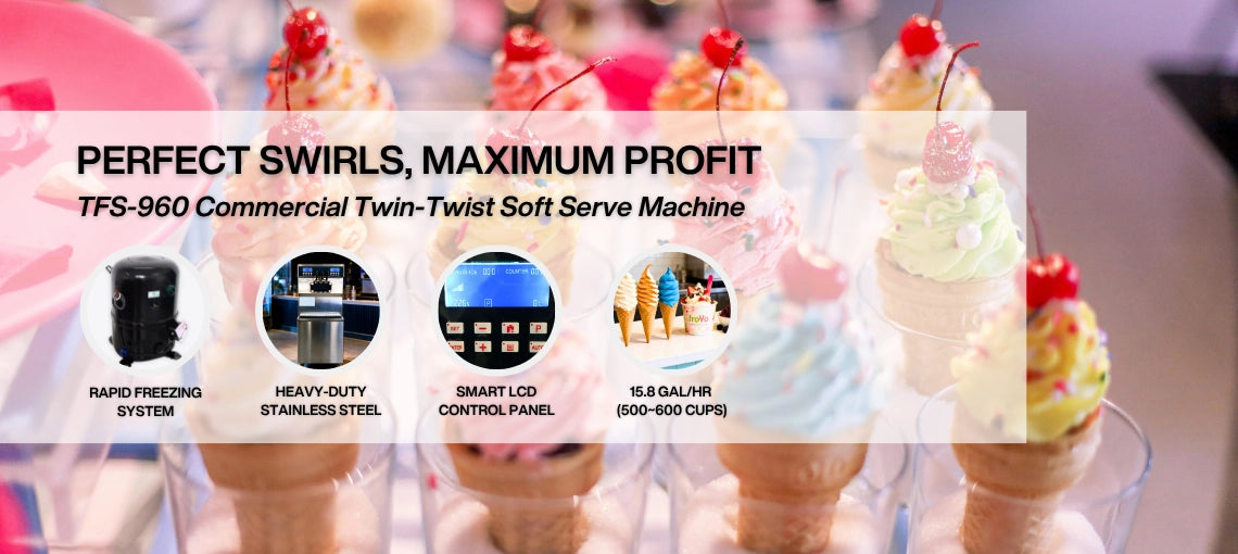Key features of the commercial soft serve ice cream machine including rapid freezing system, smart LCD control panel, and 15.8 Gal/Hr output.