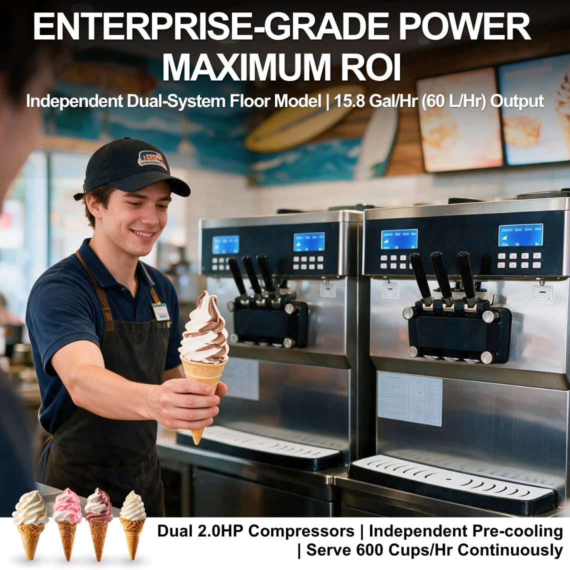 Heavy-duty commercial soft serve machine floor model dispensing 15.8 Gal/Hr with dual 2.0HP compressors for zero downtime.