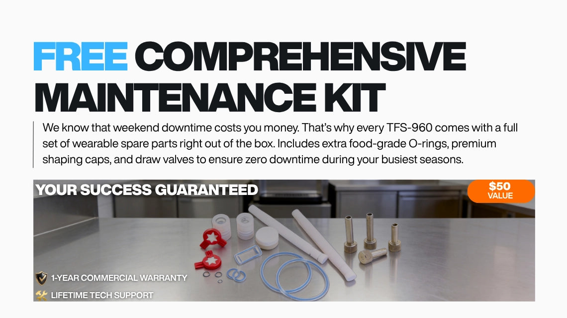 Free comprehensive maintenance kit included with the commercial soft serve machine, featuring food-grade O-rings to ensure zero downtime.