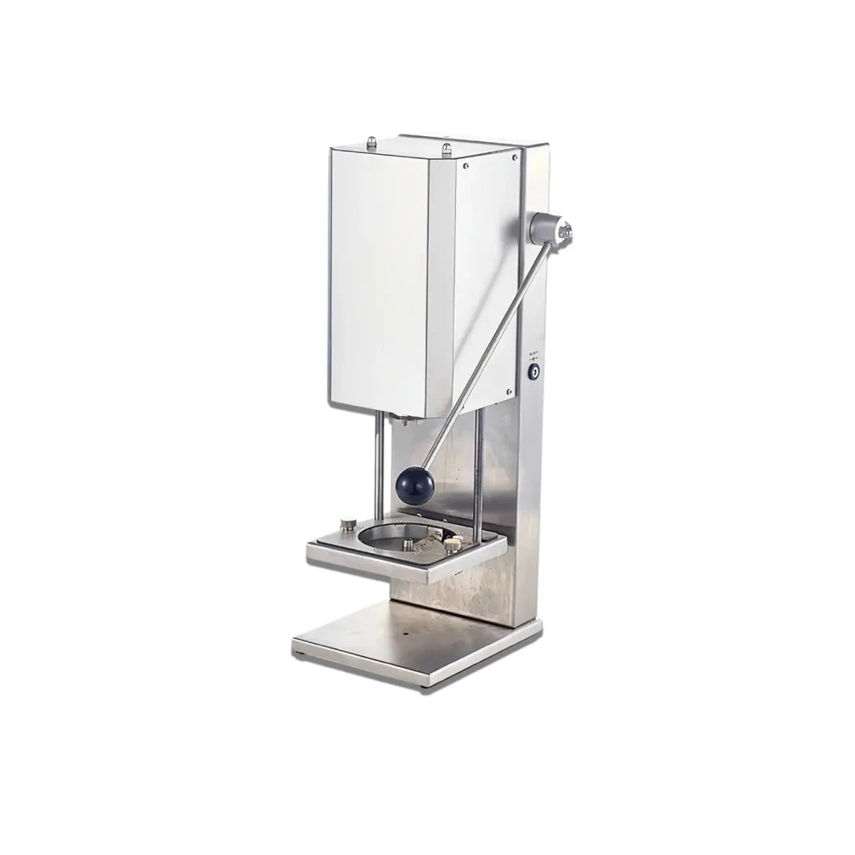 Full side profile of the stainless steel commercial spiral potato cutter on a clean white background.