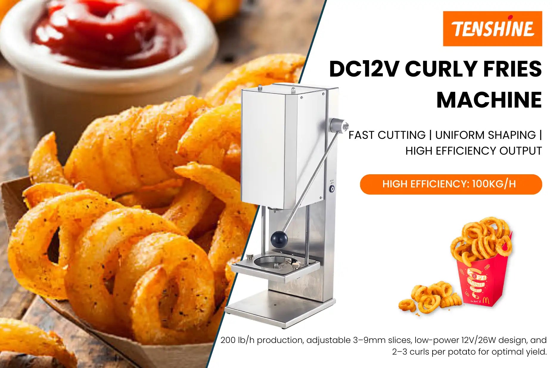 High-performance commercial spiral potato cutter delivering continuous 100kg/hr production for busy food trucks.