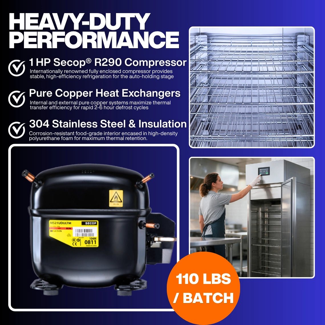 Under-the-hood features of the commercial thawing cabinet, highlighting the 1 HP Secop compressor, pure copper heat exchangers, and 304 stainless steel interior.