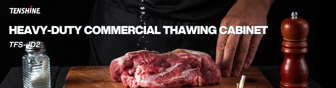 Chef preparing raw meat next to the Tenshine heavy-duty commercial thawing cabinet banner for the TFS-JD2 model.