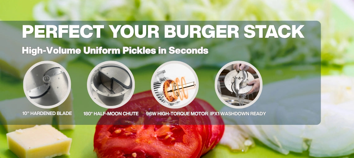 Perfect your burger stack with the TS-VS639 commercial tomato slicer, featuring a 10-inch hardened blade, 180-degree chute, high-torque motor, and washdown ready design.