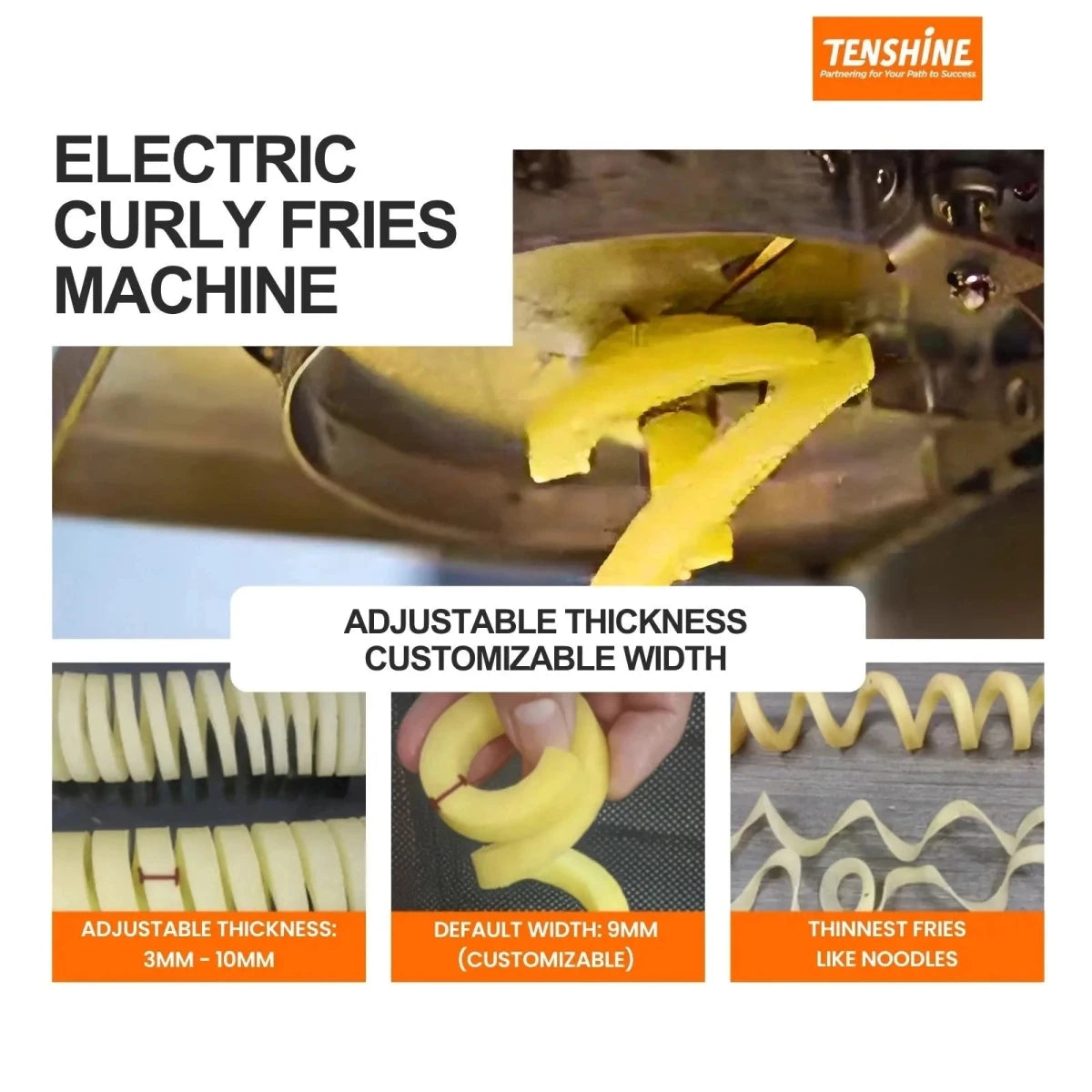 Commercial tornado potato spiral cutter quickly and efficiently slicing a whole potato into perfect continuous rings.