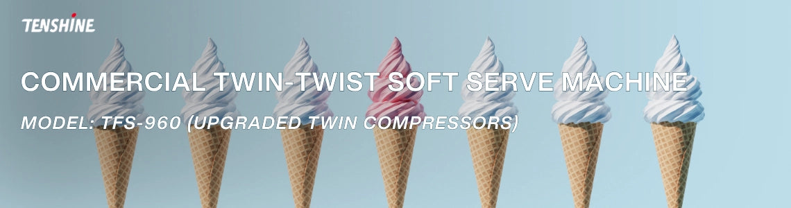 Banner showcasing the commercial twin-twist soft serve machine model 960 upgraded with twin compressors for rapid freeze down.