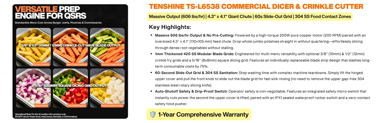 Tenshine TS-L6538 commercial vegetable chopper and crinkle cutter key highlights and 1-year warranty