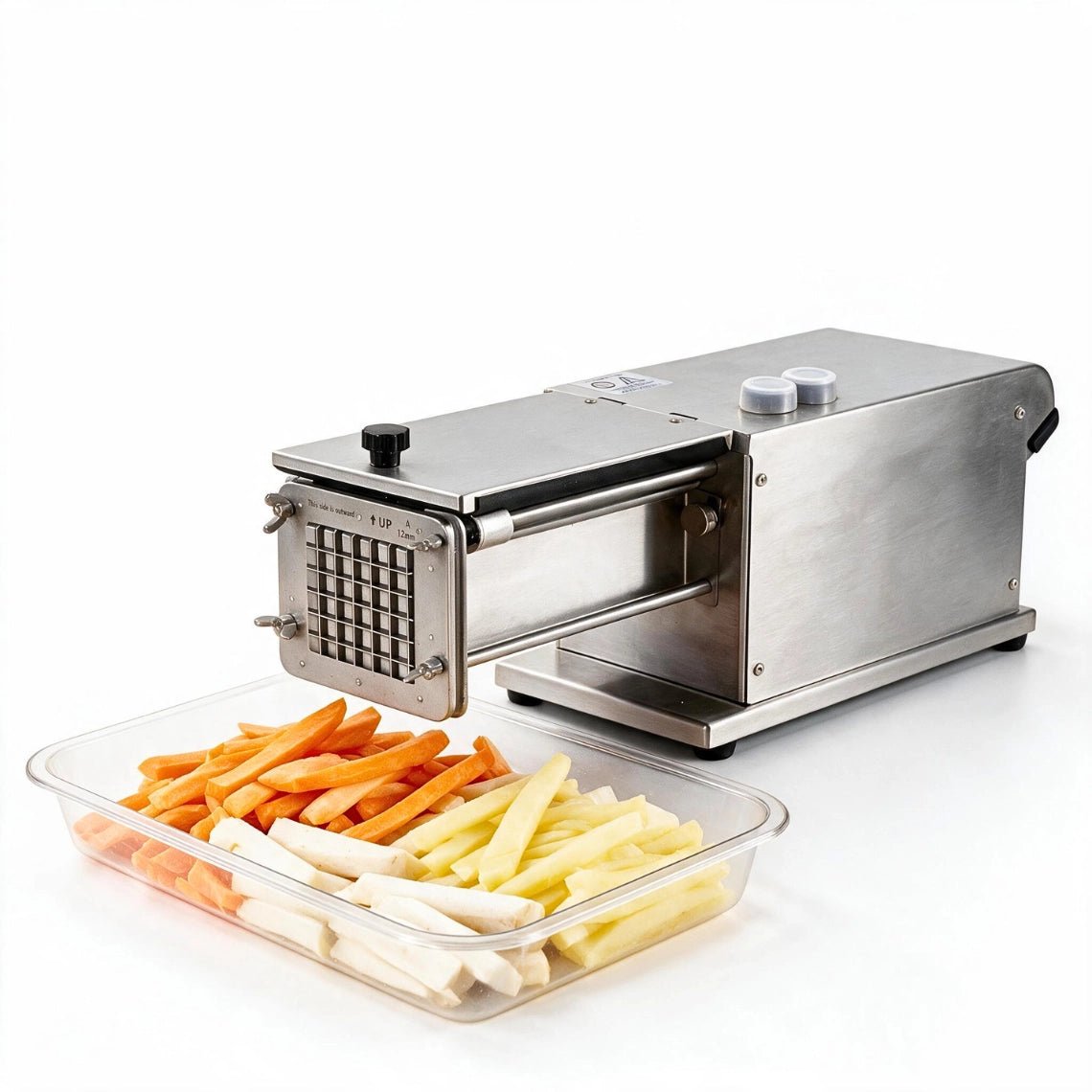Heavy-duty commercial vegetable dicer processing carrots and daikon radishes for restaurant prep stations.