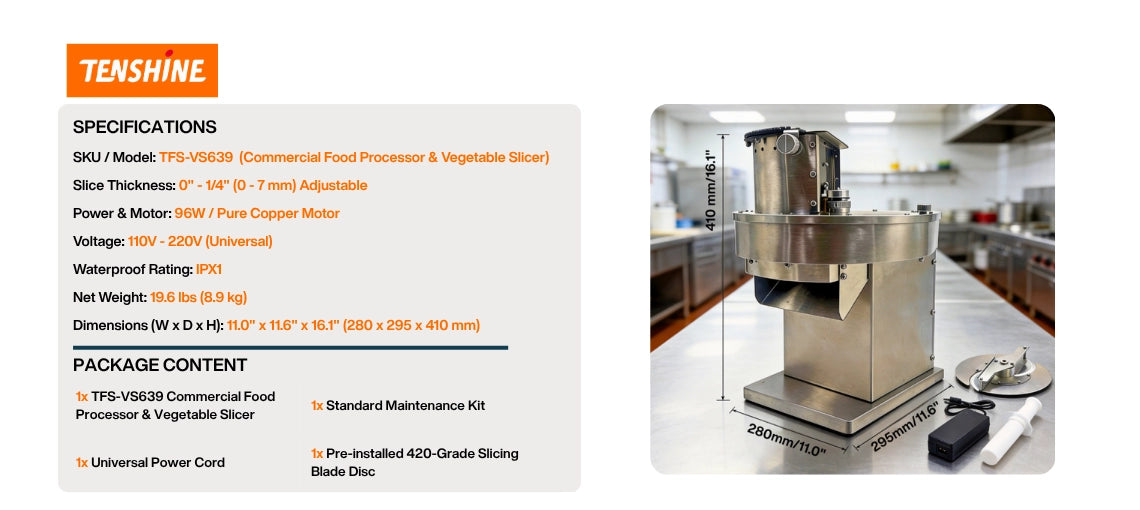 Technical specifications and dimensions for the TS-VS639 commercial vegetable slicer, highlighting its compact prep table footprint and universal voltage.