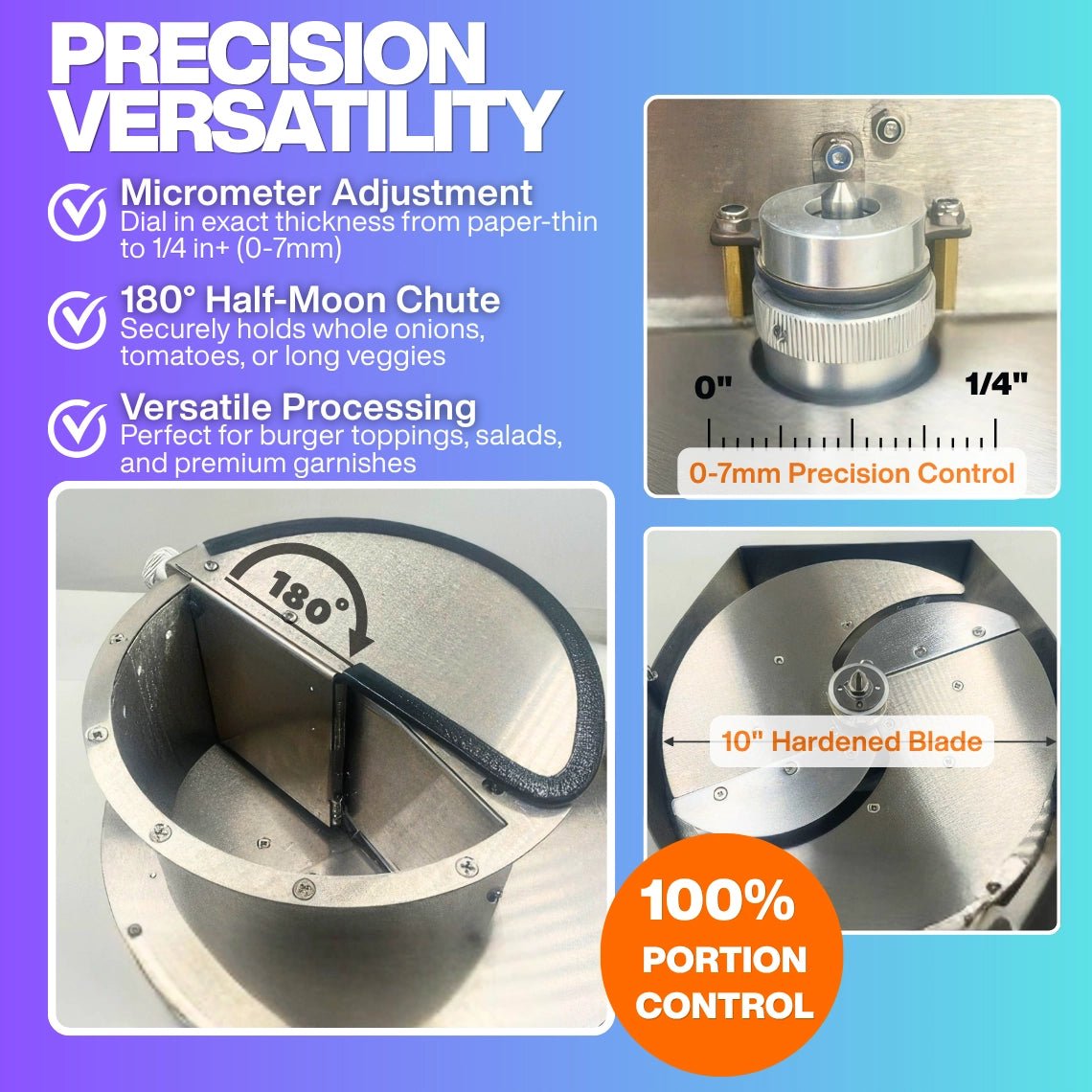 Detailed features of the TS-VS639 commercial veggie slicer including the 0-7mm micrometer adjustment dial, 180-degree chute, and hardened blade for 100% portion control.
