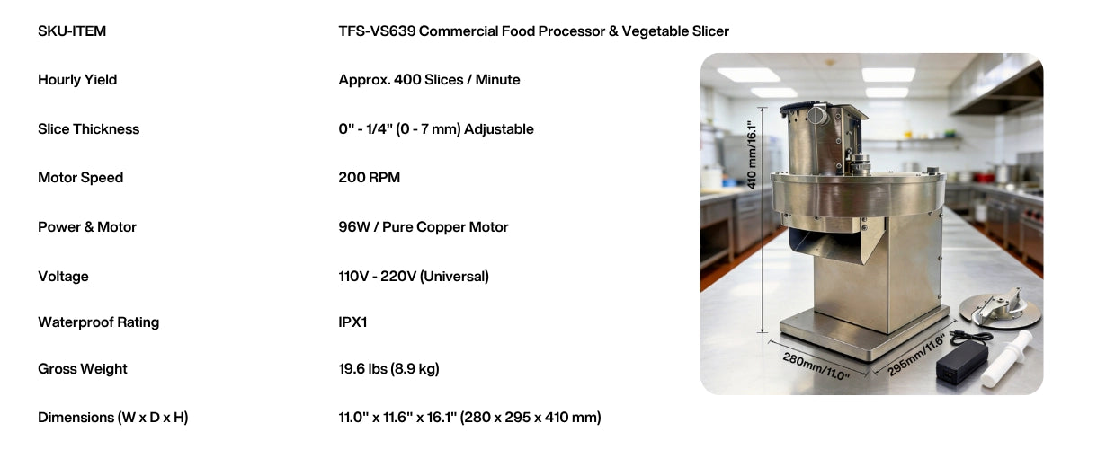 Technical data sheet for the TS-VS639 commercial veggie slicer, detailing its 200 RPM motor speed, 0 to 7mm slice thickness, and IPX1 waterproof rating.