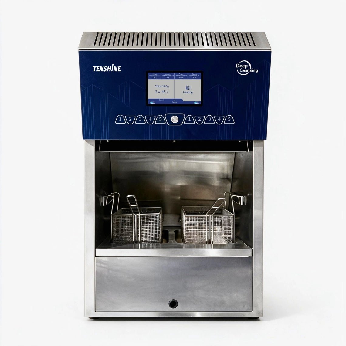 Tenshine TFS-DC2 double basket commercial ventless deep fryer featuring dual 8-liter cylinders, automated basket lift, and a smart smokeless electrostatic purification system.