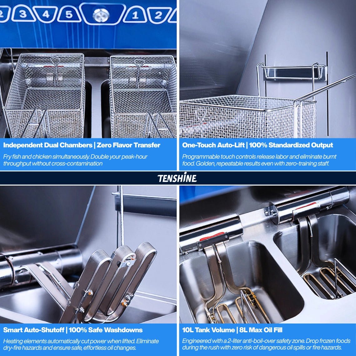 Commercial ventless deep fryer with independent dual chambers, 10L tanks, and one-touch auto-lift baskets for zero flavor transfer.