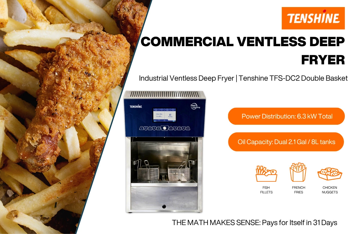 Tenshine TFS-DC2 commercial ventless deep fryer offering high ROI, paying for itself in 31 days with 6.3kW total power and dual 8L tanks.