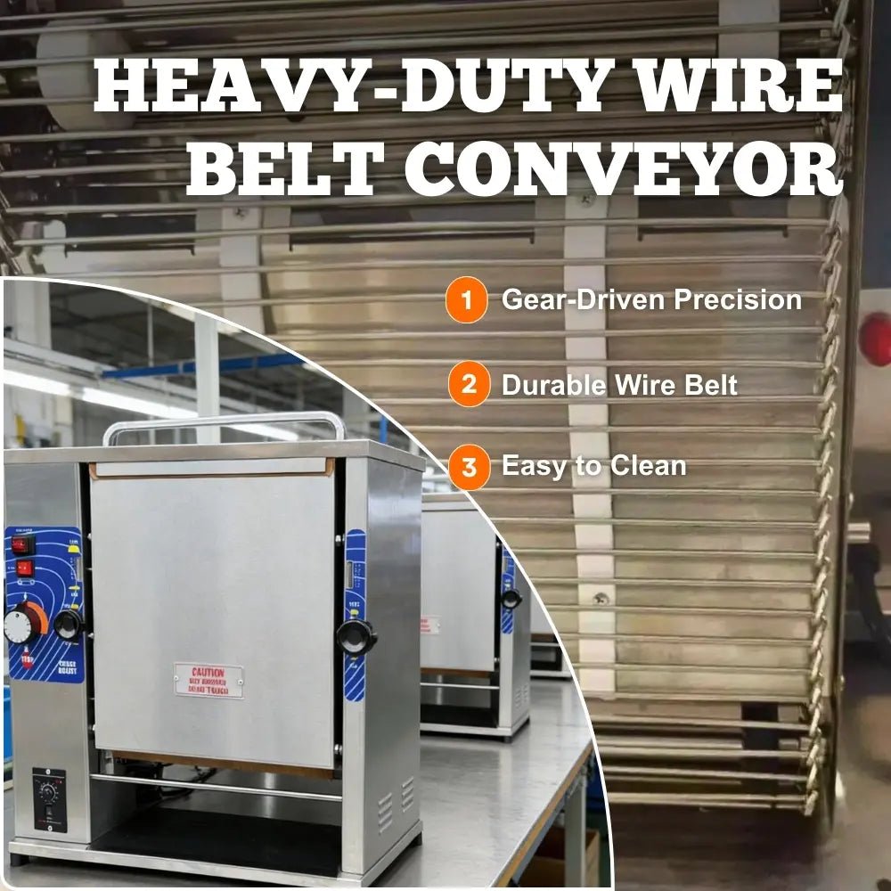 Close-up of Stainless Steel Wire Belt Conveyor on Vertical Toaster - Durable Gear-Driven Mechanism.