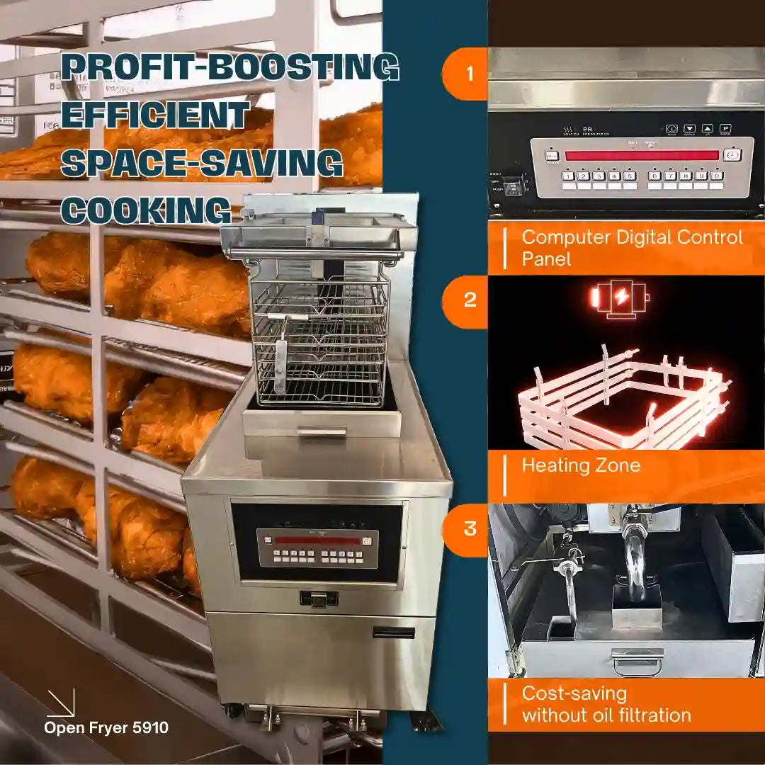 Commercial deep fryer filter featuring advanced oil filtration and a digital control panel for precise temperature and operation