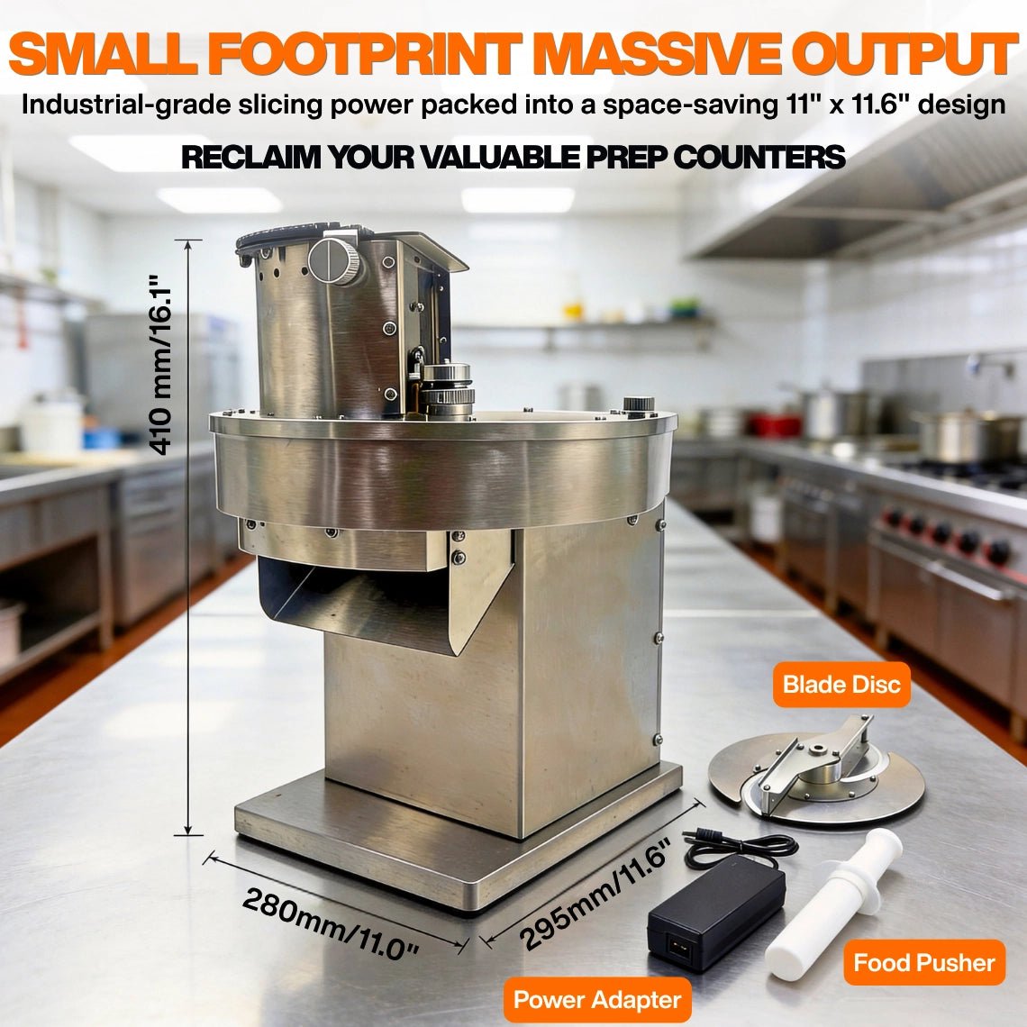 Compact commercial food slicer demonstrating a space-saving 11 by 11.6 inch BOH footprint on a stainless steel prep table, complete with blade disc and power adapter.