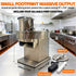 Compact commercial food slicer demonstrating a space-saving 11 by 11.6 inch BOH footprint on a stainless steel prep table, complete with blade disc and power adapter.