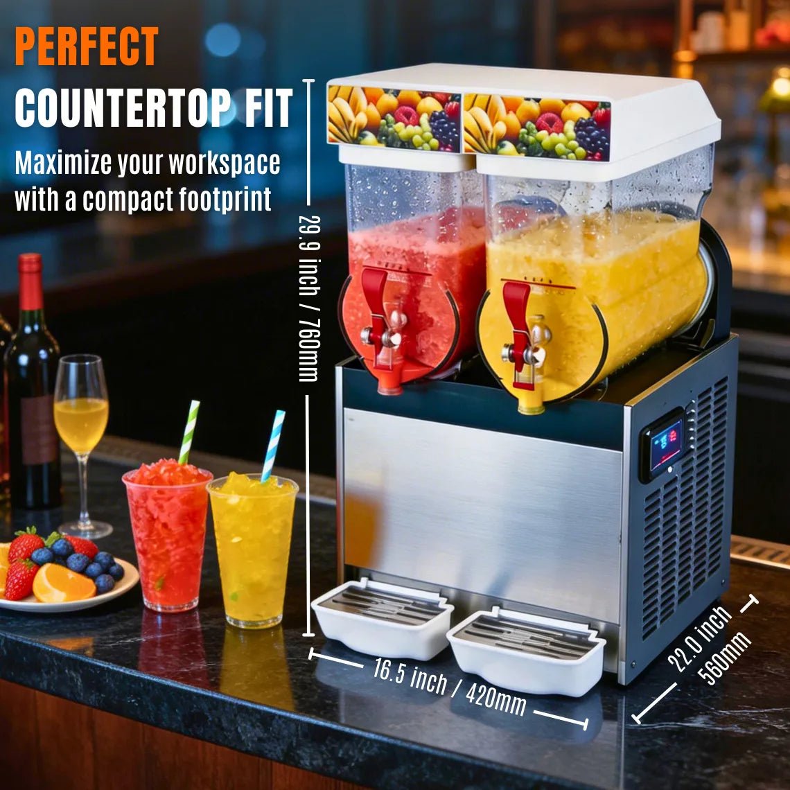 Dimensions of the Tenshine 2-bowl commercial slushy machine on a cafe counter. Measuring 16.5 inches wide, 22.0 inches deep, and 29.9 inches high, it features a perfect compact footprint to maximize workspace.