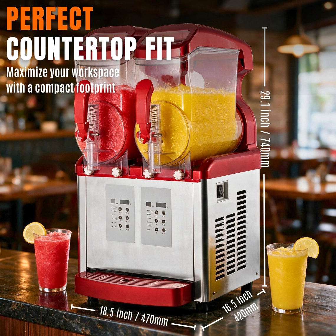Space-saving 16.5 inch compact countertop footprint of the Tenshine dual slush machine.