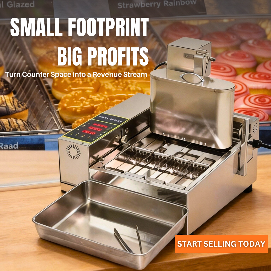 Compact countertop mini donut machine with small footprint and big profits. Ideal for limited space in food trucks, coffee shops, and market stalls in Australia and USA.