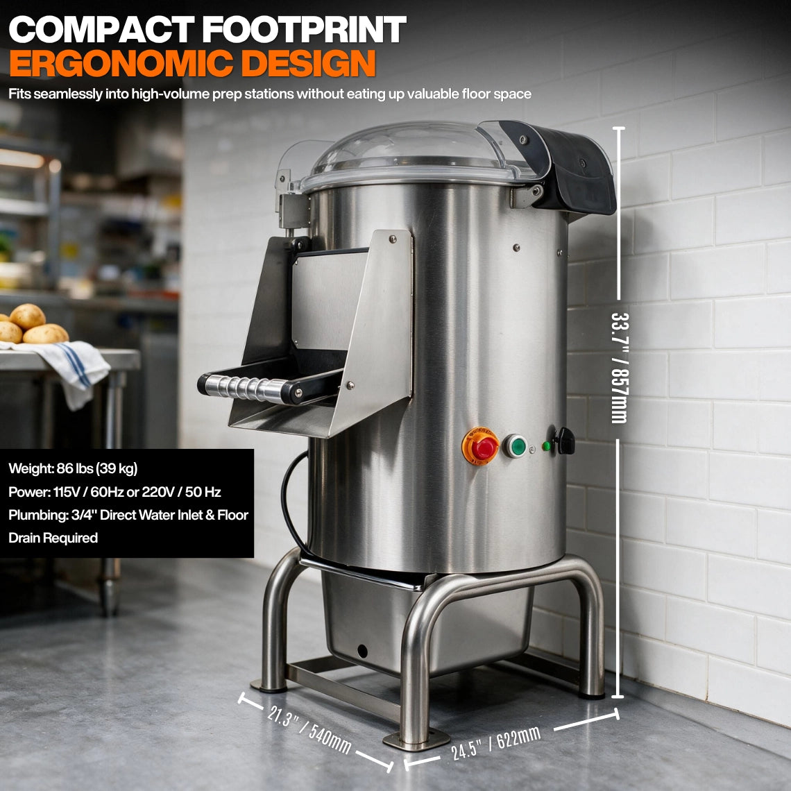 Ergonomic, space-saving dimensions of the 115V compact electric potato peeler, designed for independent restaurant kitchens.