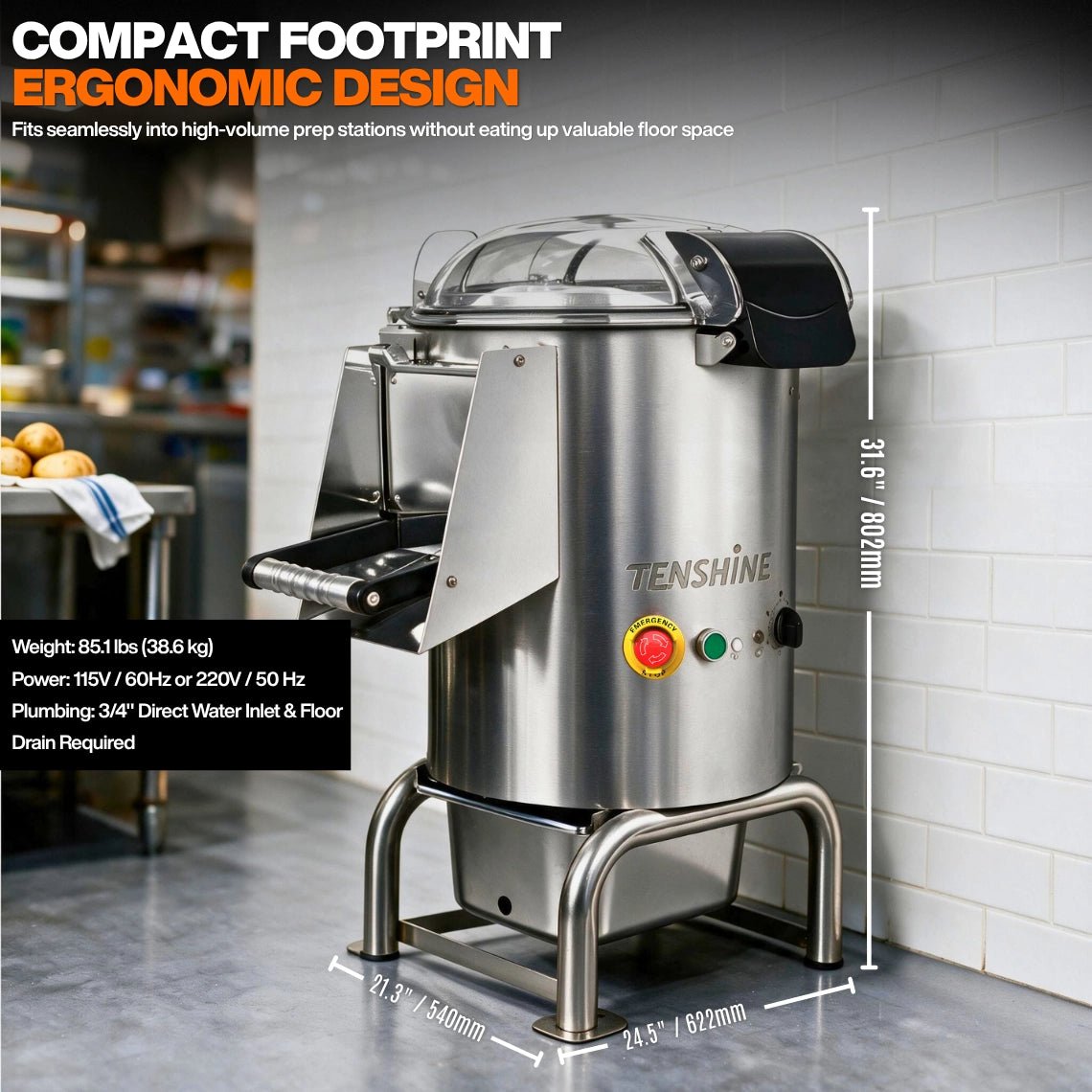 Detailed dimensions of the compact 115V electric veg peeler showing a space-saving 31.6-inch height footprint.