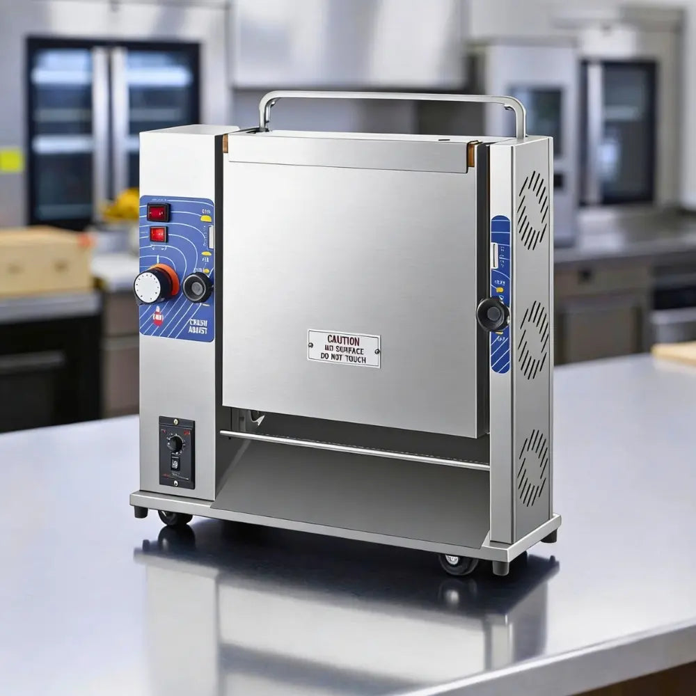 Compact commercial hamburger bun toaster placed on a stainless steel prep table, saving valuable kitchen counter space.