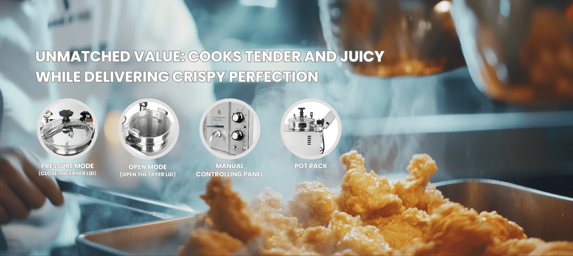 Detailed structural breakdown of the countertop chicken pressure fryer safety and heating systems.