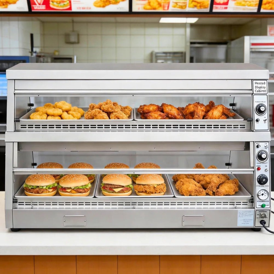Countertop hot food display case positioned in a busy fast food restaurant serving burgers and wings.