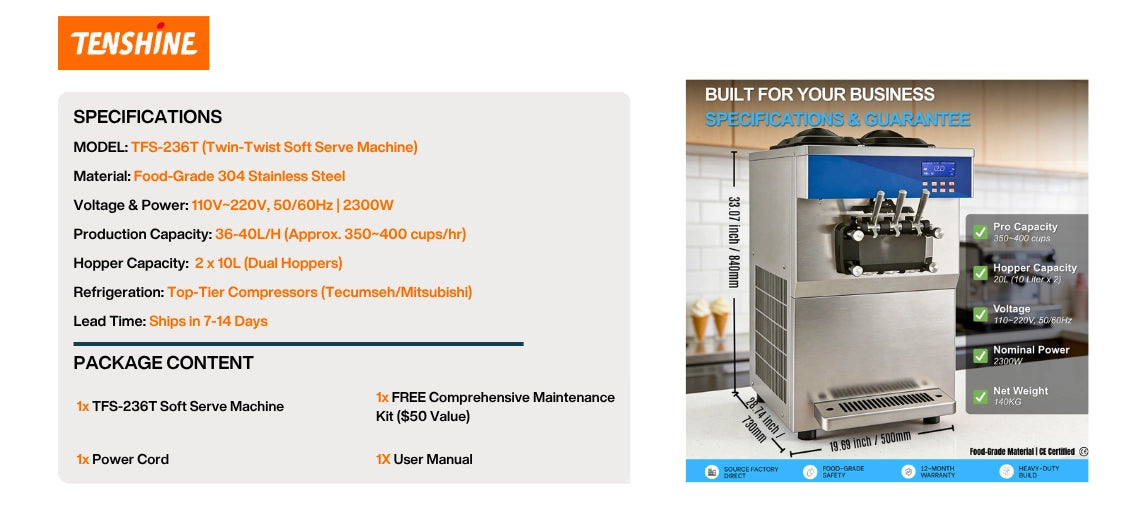 Exact dimensions, 20L hopper capacity, and commercial guarantee for the Tenshine countertop soft serve ice cream machine. Dimensiones de la máquina de helado comercial.