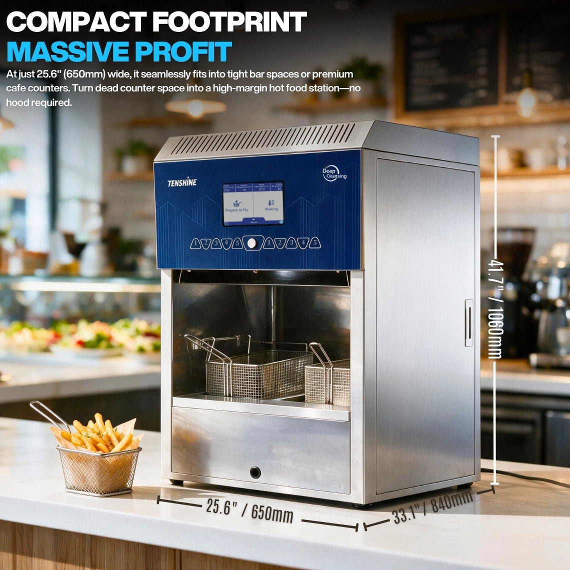 Compact countertop ventless commercial fryer measuring 25.6 inches wide, turning dead bar counter space into a high-margin hot food station.