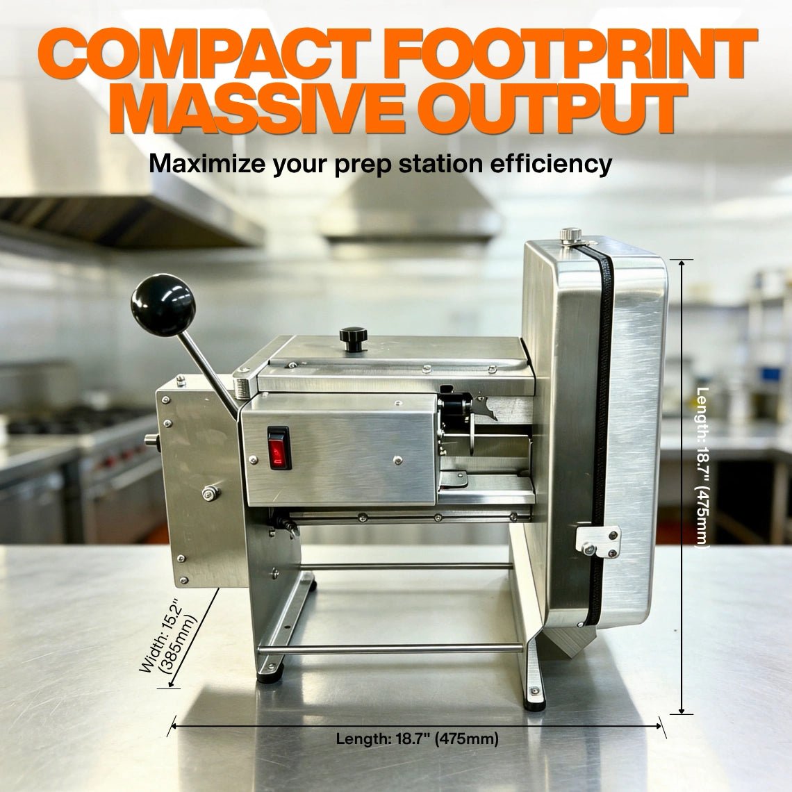 Compact dimensions of the commercial crinkle cut french fry cutter measuring 18.7 inches long on a stainless steel prep table.