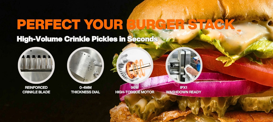 Four core features of the crinkle fries cutter including a 96W high-torque motor and washdown-ready IPX1 design.