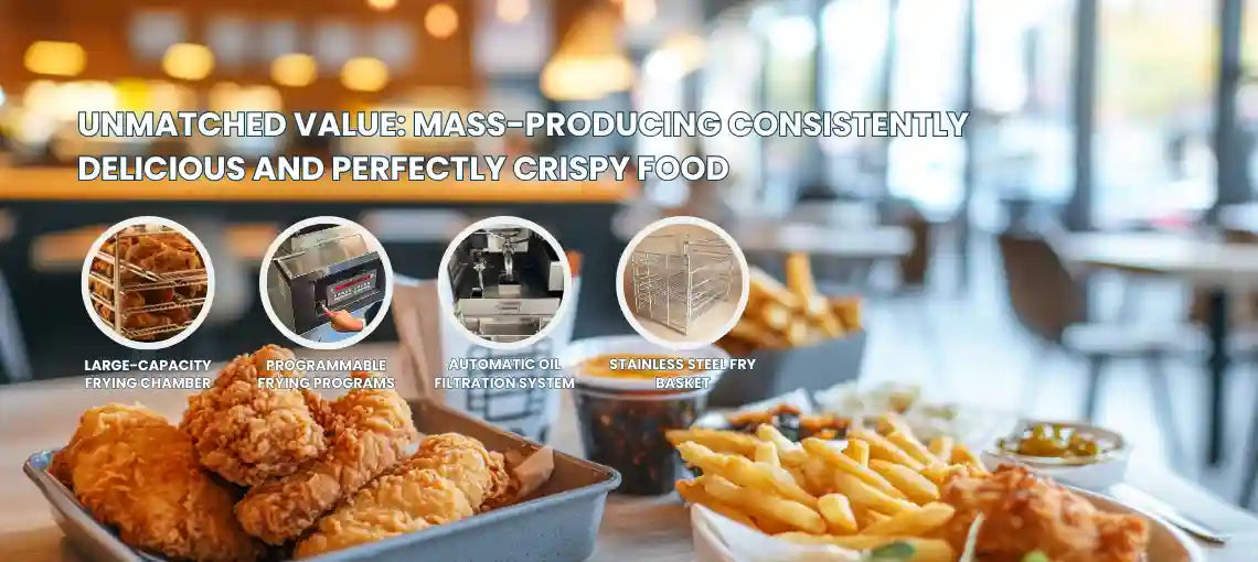 Perfectly crispy fried chicken and french fries cooked in a programmable commercial deep fryer