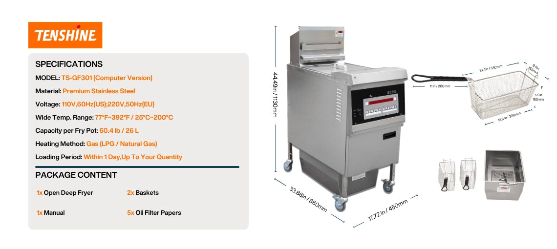 Detailed voltage, power, and capacity parameters for the TS-GF301 deep fryer commercial model.