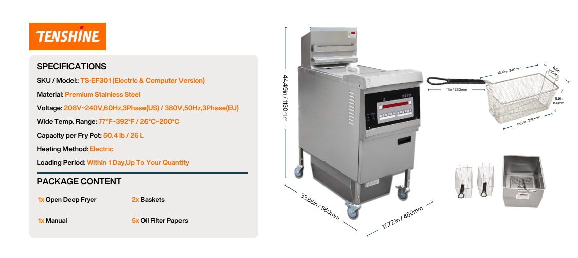 Detailed machine dimensions and package contents for the TS-EF301 deep fryer commercial model.