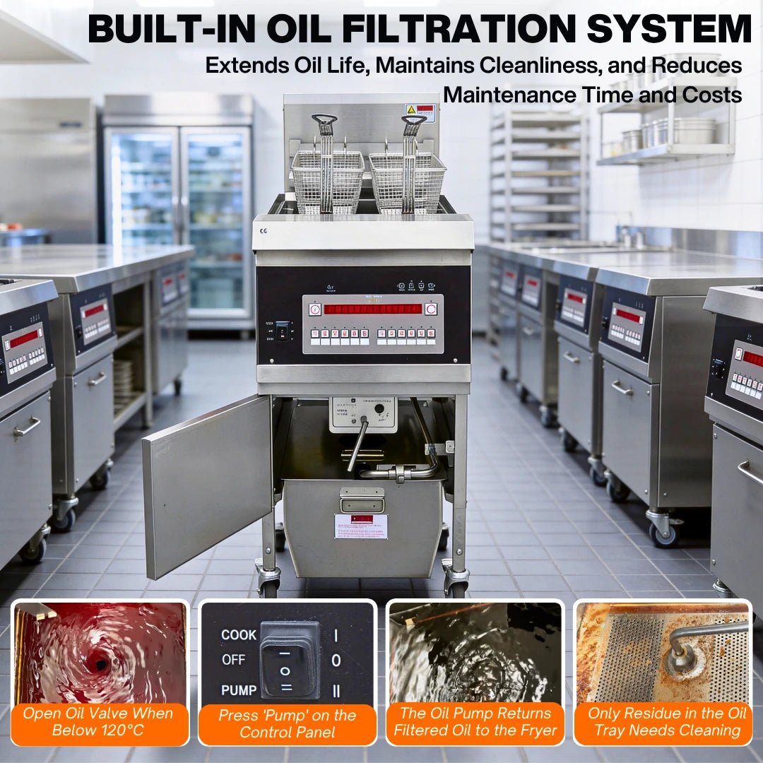 Front view showing the accessible oil filter pan of the deep fryer commercial equipment.