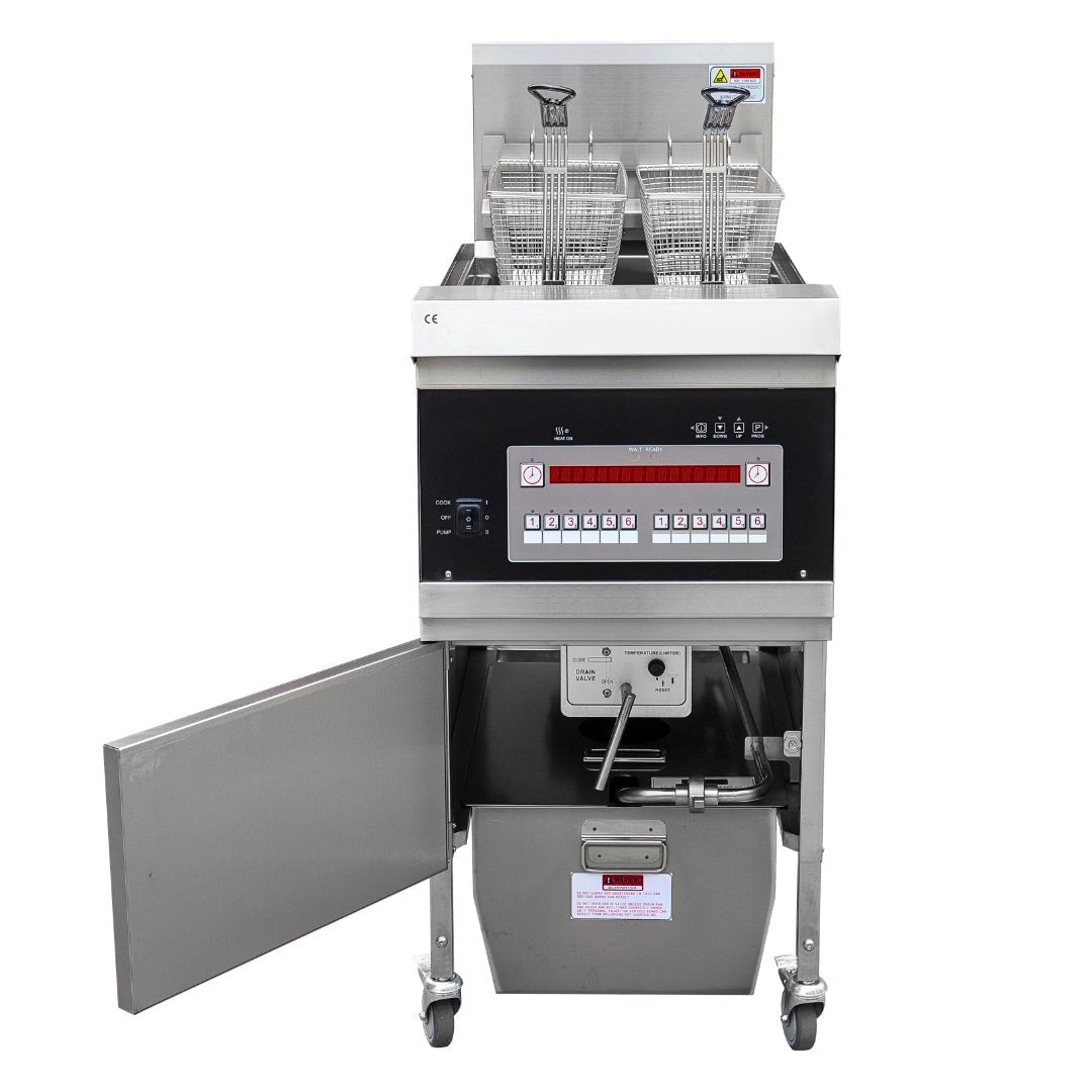 Built-in oil filtration process of the TS-EF301 deep fryer commercial unit, extending oil life.