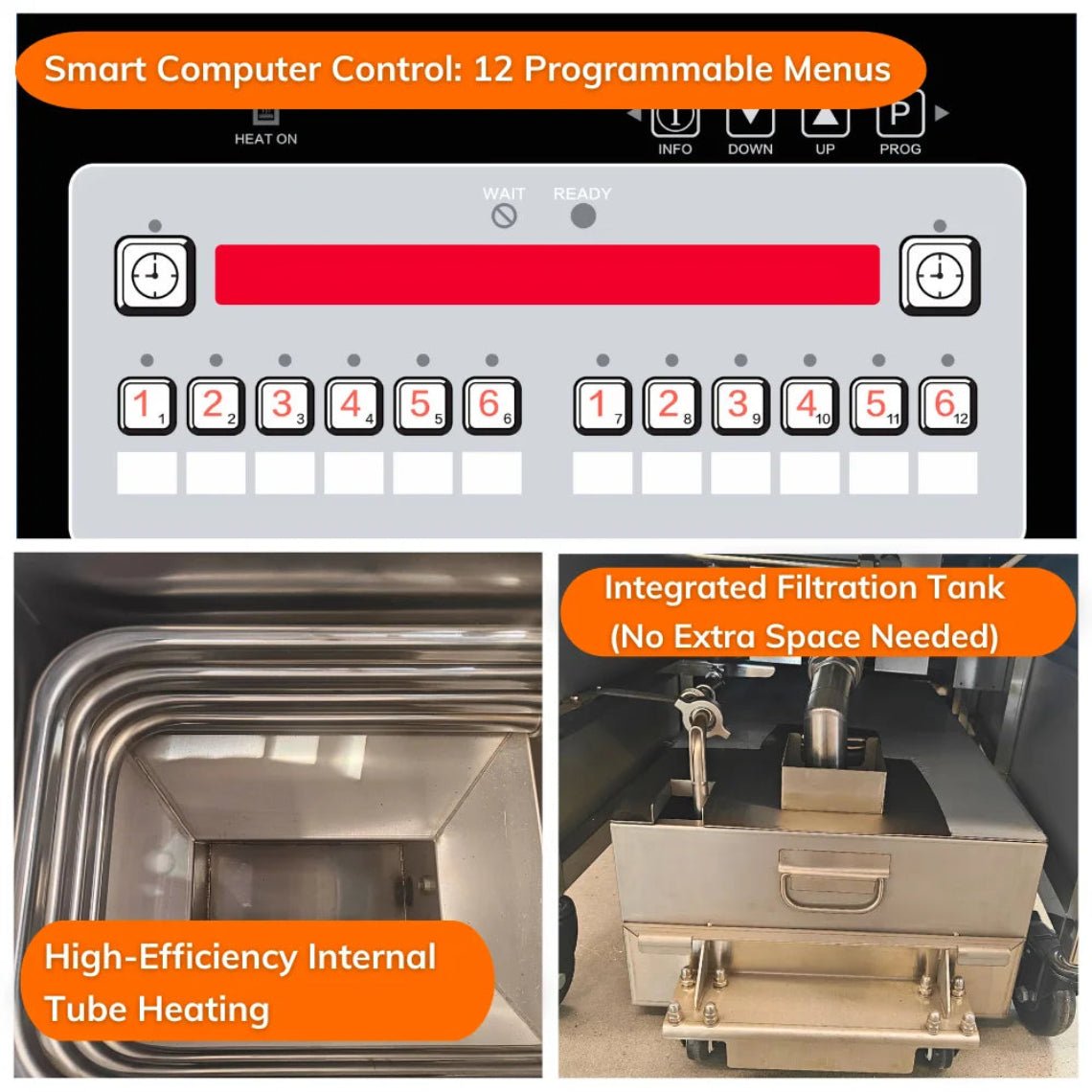 Internal vat view showing the high-efficiency tube-fired heating system and the 12-menu digital control panel of the gas open fryer.