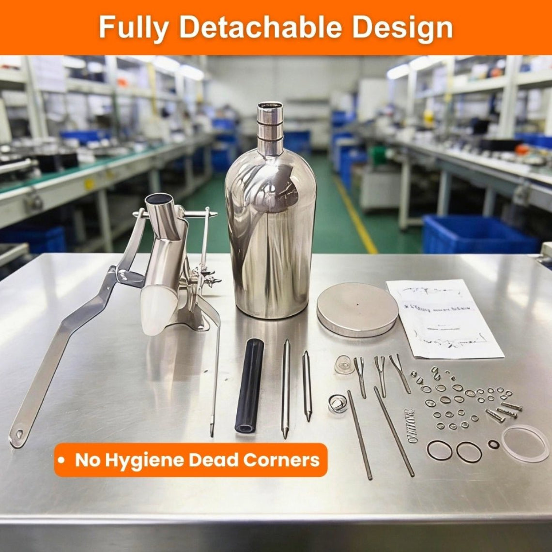 Fully disassembled manual pastry filler parts showing food-grade stainless steel body and components for easy cleaning.