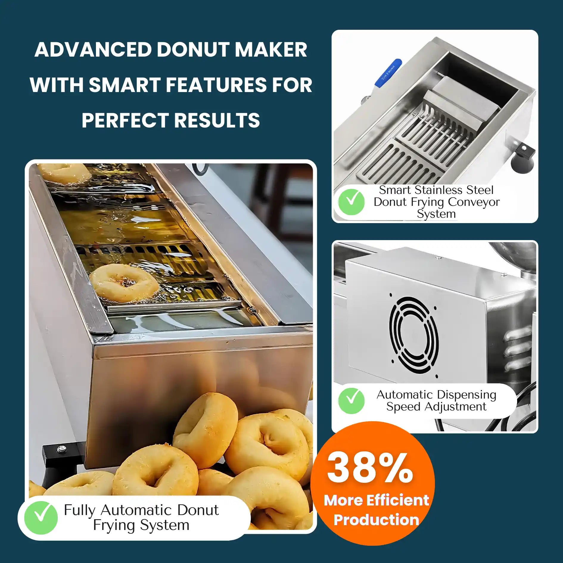 Automatic single-row donut maker operating, forming, frying, flipping, and collecting donuts efficiently