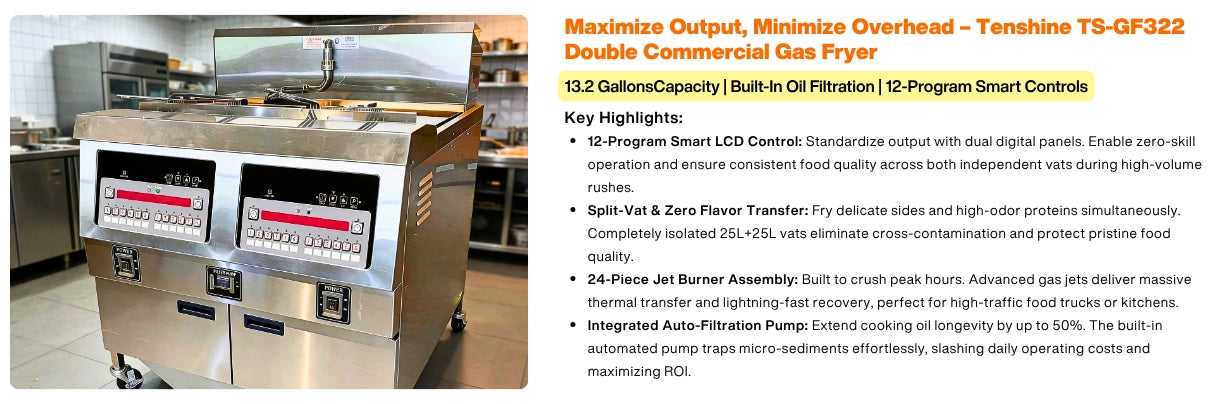 Key highlights of the Tenshine TS-GF322 double commercial gas fryer, featuring 12-program smart controls and an integrated auto-filtration pump.