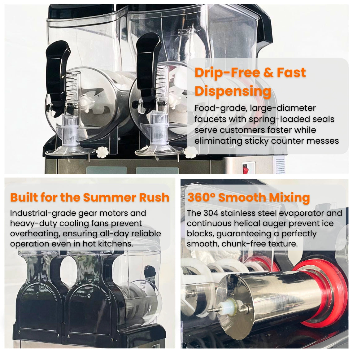 Drip-free dispensing faucets and continuous helical auger of a dual bowl commercial slushie machine.